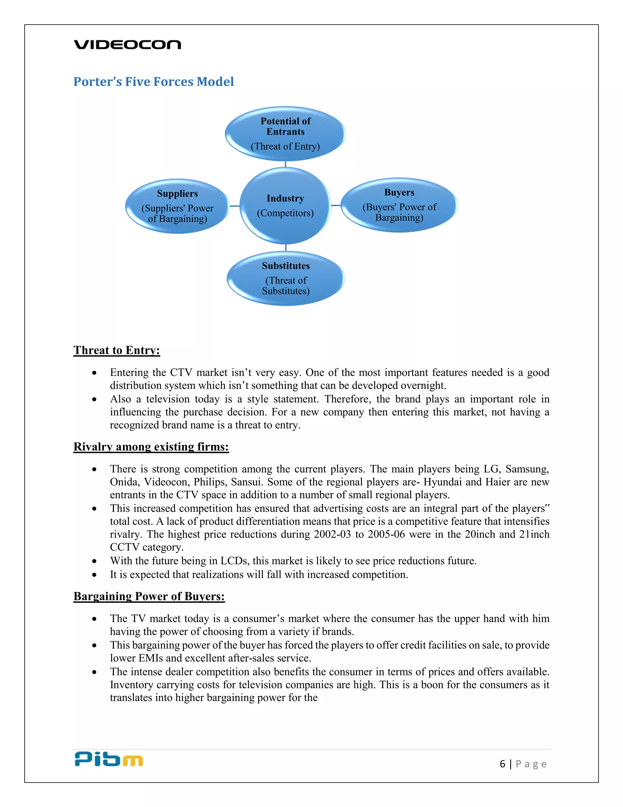 6 | P a g e
Porter’s Five Forces Model
Threat to Entry:
 Entering the CTV market isn’t very easy. One of the most important features needed is a good
distribution system which isn’t something that can be developed overnight.
 Also a television today is a style statement. Therefore, the brand plays an important role in
influencing the purchase decision. For a new company then entering this market, not having a
recognized brand name is a threat to entry.
Rivalry among existing firms:
 There is strong competition among the current players. The main players being LG, Samsung,
Onida, Videocon, Philips, Sansui. Some of the regional players are- Hyundai and Haier are new
entrants in the CTV space in addition to a number of small regional players.
 This increased competition has ensured that advertising costs are an integral part of the players‟
total cost. A lack of product differentiation means that price is a competitive feature that intensifies
rivalry. The highest price reductions during 2002-03 to 2005-06 were in the 20inch and 21inch
CCTV category.
 With the future being in LCDs, this market is likely to see price reductions future.
 It is expected that realizations will fall with increased competition.
Bargaining Power of Buyers:
 The TV market today is a consumer’s market where the consumer has the upper hand with him
having the power of choosing from a variety if brands.
 This bargaining power of the buyer has forced the players to offer credit facilities on sale, to provide
lower EMIs and excellent after-sales service.
 The intense dealer competition also benefits the consumer in terms of prices and offers available.
Inventory carrying costs for television companies are high. This is a boon for the consumers as it
translates into higher bargaining power for the
Industry
(Competitors)
Potential of
Entrants
(Threat of Entry)
Buyers
(Buyers' Power of
Bargaining)
Substitutes
(Threat of
Substitutes)
Suppliers
(Suppliers' Power
of Bargaining)
 