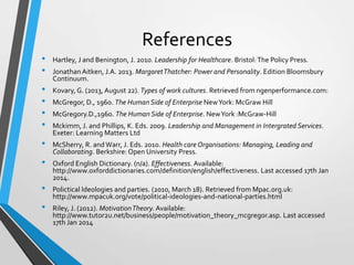 References
•
•
•
•
•
•
•
•
•
•

Hartley, J and Benington, J. 2010. Leadership for Healthcare. Bristol: The Policy Press.
Jonathan Aitken, J.A. 2013. Margaret Thatcher: Power and Personality. Edition Bloomsbury
Continuum.
Kovary, G. (2013, August 22). Types of work cultures. Retrieved from ngenperformance.com:
McGregor, D., 1960. The Human Side of Enterprise New York: McGraw Hill
McGregory.D.,1960. The Human Side of Enterprise. New York :McGraw-Hill
Mckimm, J. and Phillips, K. Eds. 2009. Leadership and Management in Intergrated Services.
Exeter: Learning Matters Ltd
McSherry, R. and Warr, J. Eds. 2010. Health care Organisations: Managing, Leading and
Collaborating. Berkshire: Open University Press.
Oxford English Dictionary. (n/a). Effectiveness. Available:
http://www.oxforddictionaries.com/definition/english/effectiveness. Last accessed 17th Jan
2014.
Polictical Ideologies and parties. (2010, March 18). Retrieved from Mpac.org.uk:
http://www.mpacuk.org/vote/political-ideologies-and-national-parties.html
Riley, J. (2012). Motivation Theory. Available:
http://www.tutor2u.net/business/people/motivation_theory_mcgregor.asp. Last accessed
17th Jan 2014

 