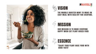VISION
MISSION
ESSENCE
THE MARBLE BOOSTER WANT TO MAKE AN
EASY MEAL WITH HEALTHY FOR EVERYONE.
OUR MISSION IS TO MAKE EVER...