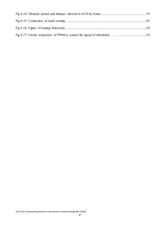 © Faculty of Engineering, American International University-Bangladesh (AIUB)
xi
Fig 6.14: Obstacle sensed and distance showed in LCD by Sonar........................................................53
Fig 6.15: Connection of crack sensing...................................................................................................54
Fig 6.16: Figure of sensing hole/crack...................................................................................................54
Fig 6.17: Circuit connection of PWM to control the speed of wheelchair…….....................................55
 