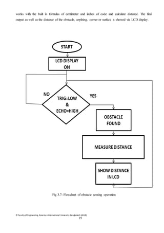 © Faculty of Engineering, American International University-Bangladesh (AIUB)
19
works with the built in formulas of centimeter and inches of code and calculate distance. The final
output as well as the distance of the obstacle, anything, corner or surface is showed via LCD display.
Fig 3.7: Flowchart of obstacle sensing operation
 