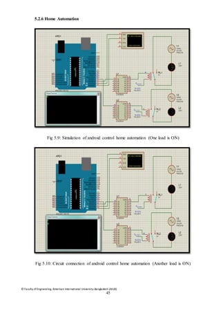 © Faculty of Engineering, American International University-Bangladesh (AIUB)
45
5.2.6 Home Automation
Fig 5.9: Simulation of android control home automation (One load is ON)
Fig 5.10: Circuit connection of android control home automation (Another load is ON)
 