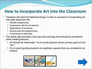 How to Incorporate Art into the Classroom  Teachers will need the following things in order to succeed in incorporating art into daily classroom life.  Flexible assignments  Cooperation with the art teacher Replications of art pieces  School-wide arts programming  Commitment to field trips The article also provides a few tips and warnings that should be considered while creating lessons.  Art should be meaningful. Try to avoid projects whose primary goal is to be “fun.” Try to avoid grading students on aesthetic aspects that are unrelated to its content.  