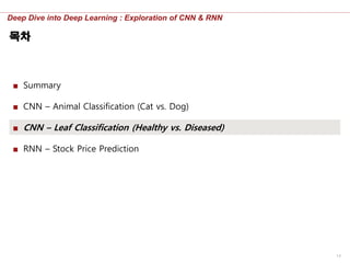 14
Deep Dive into Deep Learning : Exploration of CNN & RNN
목차
■ Summary
■ CNN – Animal Classification (Cat vs. Dog)
■ CNN – Leaf Classification (Healthy vs. Diseased)
■ RNN – Stock Price Prediction
 