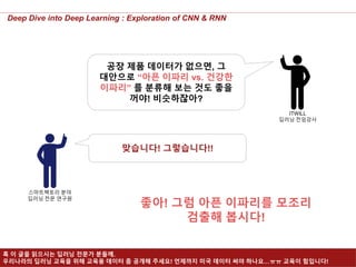 19
Deep Dive into Deep Learning : Exploration of CNN & RNN
공장 제품 데이터가 없으면, 그
대안으로 “아픈 이파리 vs. 건강한
이파리” 를 분류해 보는 것도 좋을
꺼야! 비슷하잖아?
ITWILL
딥러닝 전임강사
스마트팩토리 분야
딥러닝 전문 연구원
맞습니다! 그렇습니다!!
좋아! 그럼 아픈 이파리를 모조리
검출해 봅시다!
혹 이 글을 읽으시는 딥러닝 전문가 분들께.
우리나라의 딥러닝 교육을 위해 교육용 데이터 좀 공개해 주세요! 언제까지 미국 데이터 써야 하나요…ㅠㅠ 교육이 힘입니다!
 