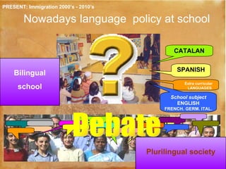 Nowadays   language  policy at school PRESENT: Immigration 2000’s - 2010’s Bilingual school Extra curricular  LANGUAGES Bi...