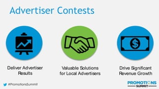 #PromotionsSummit
Deliver Advertiser
Results
Valuable Solutions
for Local Advertisers
Drive Signiﬁcant
Revenue Growth
Deliver Advertiser
Results
Valuable solution
for local
advertisers
Drive significant
revenue
growth
Advertiser Contests
 