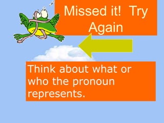 Missed it! Try 
Again 
Think about what or 
who the pronoun 
represents. 
 