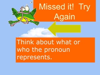 Missed it! Try 
Again 
Think about what or 
who the pronoun 
represents. 
 