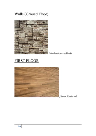20
Walls (Ground Floor)
Natural rustic-grey-red bricks
FIRST FLOOR
Natural Wooden wall
 