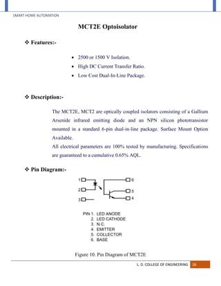 SMART HOME AUTOMATION
L. D. COLLEGE OF ENGINEERING 26
MCT2E Optoisolator
 Features:-
 2500 or 1500 V Isolation.
 High DC Current Transfer Ratio.
 Low Cost Dual-In-Line Package.
 Description:-
The MCT2E, MCT2 are optically coupled isolators consisting of a Gallium
Arsenide infrared emitting diode and an NPN silicon phototransistor
mounted in a standard 6-pin dual-in-line package. Surface Mount Option
Available.
All electrical parameters are 100% tested by manufacturing. Specifications
are guaranteed to a cumulative 0.65% AQL.
 Pin Diagram:-
Figure 10. Pin Diagram of MCT2E
 