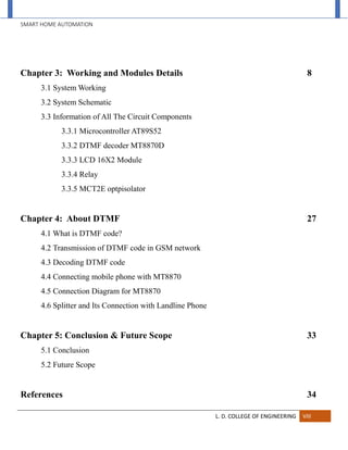 SMART HOME AUTOMATION
L. D. COLLEGE OF ENGINEERING VIII
Chapter 3: Working and Modules Details 8
3.1 System Working
3.2 System Schematic
3.3 Information of All The Circuit Components
3.3.1 Microcontroller AT89S52
3.3.2 DTMF decoder MT8870D
3.3.3 LCD 16X2 Module
3.3.4 Relay
3.3.5 MCT2E optpisolator
Chapter 4: About DTMF 27
4.1 What is DTMF code?
4.2 Transmission of DTMF code in GSM network
4.3 Decoding DTMF code
4.4 Connecting mobile phone with MT8870
4.5 Connection Diagram for MT8870
4.6 Splitter and Its Connection with Landline Phone
Chapter 5: Conclusion & Future Scope 33
5.1 Conclusion
5.2 Future Scope
References 34
 