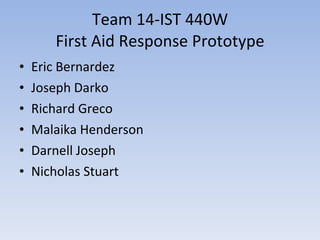 Team 14-IST 440W First Aid Response Prototype ,[object Object],[object Object],[object Object],[object Object],[object Object],[object Object]