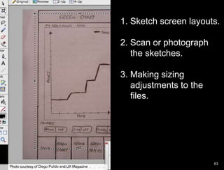 Paper Prototype example1. Sketch screen layouts.  2. Scan or photograph     the sketches. 3. Making sizing    adjustments to the    files.    63Photo courtesy of Diego Pulido and UX Magazine