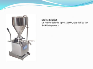 Molino Coloidal
Un molino coloidal tipo A11ZMA, que trabaja con
5.4 HP de potencia.
 