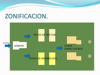 ZONIFICACION.

                    NAVES DE NECTAR


ACCESO
         ADMON                        NAVES
                                      EMPACADORAS


                 NAVES DE MERMELADA
 