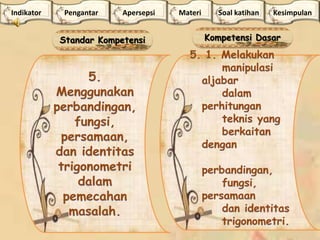 Standar Kompetensi Kompetensi Dasar
Indikator Apersepsi Materi Soal katihan KesimpulanPengantar
 