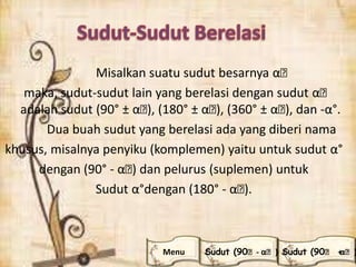 Misalkan suatu sudut besarnya αᵒ
maka, sudut-sudut lain yang berelasi dengan sudut αᵒ
adalah sudut (90° ± αᵒ), (180° ± αᵒ), (360° ± αᵒ), dan -α°.
Dua buah sudut yang berelasi ada yang diberi nama
khusus, misalnya penyiku (komplemen) yaitu untuk sudut α°
dengan (90° - αᵒ) dan pelurus (suplemen) untuk
Sudut α°dengan (180° - αᵒ).
Menu Sudut (90ᵒ +αᵒ)Sudut (90ᵒ- αᵒ)
 