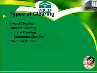 Types of Clearing Inward Clearing Outward Clearing Local Clearing Outstation Clearing Cheque Returned 