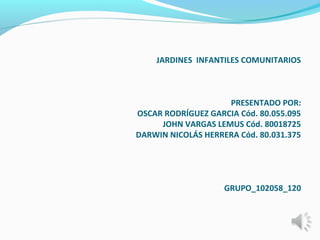 JARDINES INFANTILES COMUNITARIOS
 
 
 
PRESENTADO POR:
OSCAR RODRÍGUEZ GARCIA Cód. 80.055.095
JOHN VARGAS LEMUS Cód. 80018725
DARWIN NICOLÁS HERRERA Cód. 80.031.375
GRUPO_102058_120
  
 
 