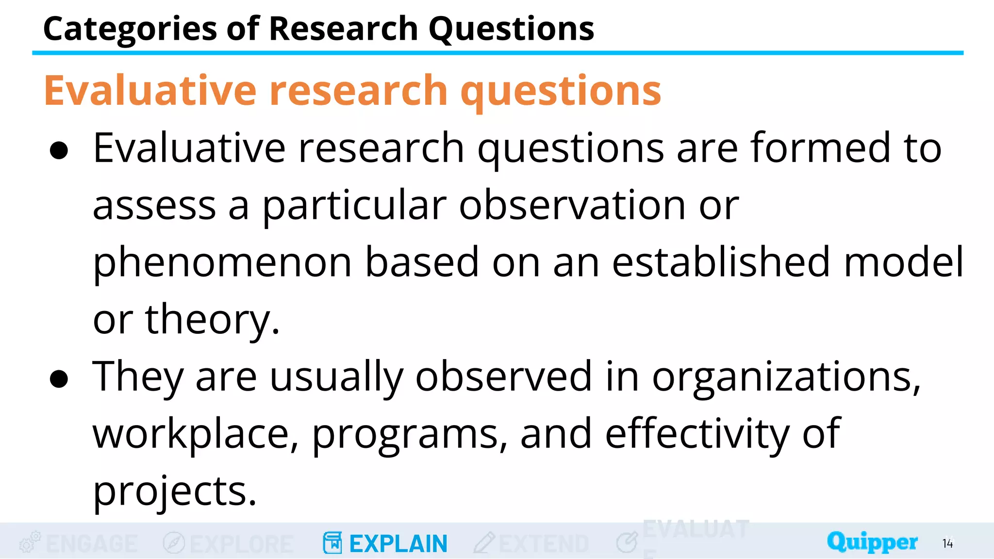 ENGAGE EXPLORE EXPLAIN EXTEND
EVALUAT
Categories of Research Questions
14
14
Evaluative research questions
● Evaluative research questions are formed to
assess a particular observation or
phenomenon based on an established model
or theory.
● They are usually observed in organizations,
workplace, programs, and effectivity of
projects.
 