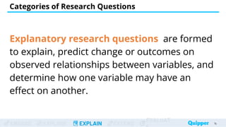 ENGAGE EXPLORE EXPLAIN EXTEND
EVALUAT
Explanatory research questions are formed
to explain, predict change or outcomes on
observed relationships between variables, and
determine how one variable may have an
effect on another.
Categories of Research Questions
16
16
 