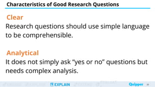 ENGAGE EXPLORE EXPLAIN EXTEND
EVALUAT
Clear
Research questions should use simple language
to be comprehensible.
Analytical
It does not simply ask “yes or no” questions but
needs complex analysis.
Characteristics of Good Research Questions
20
 