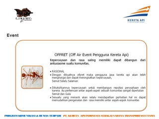 Event




PROGRAM KOMUNIKASI & HUMAS TERPADU PT. KERETA API INDONESIA SEBAGAI SARANA TRANSPORTASI UTAMA
 