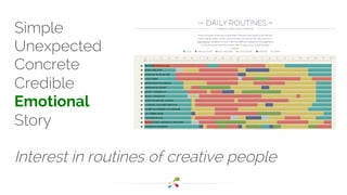 Simple 
Unexpected 
Concrete 
Credible 
Emotional 
Story 
Interest in routines of creative people 
 