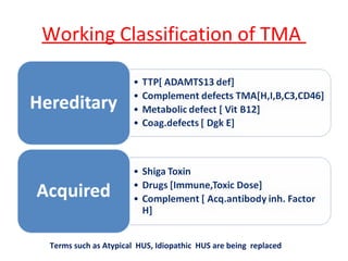 Working Classification of TMA
Terms such as Atypical HUS, Idiopathic HUS are being replaced
 