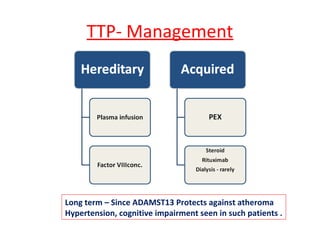 TTP- Management
Long term – Since ADAMST13 Protects against atheroma
Hypertension, cognitive impairment seen in such patients .
 