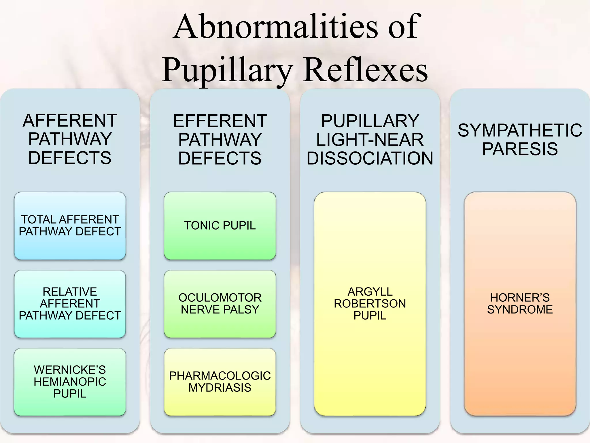 Abnormalities of
Pupillary Reflexes
AFFERENT
PATHWAY
DEFECTS
TOTAL AFFERENT
PATHWAY DEFECT
RELATIVE
AFFERENT
PATHWAY DEFECT
WERNICKE’S
HEMIANOPIC
PUPIL
EFFERENT
PATHWAY
DEFECTS
TONIC PUPIL
OCULOMOTOR
NERVE PALSY
PHARMACOLOGIC
MYDRIASIS
PUPILLARY
LIGHT-NEAR
DISSOCIATION
ARGYLL
ROBERTSON
PUPIL
SYMPATHETIC
PARESIS
HORNER’S
SYNDROME
 