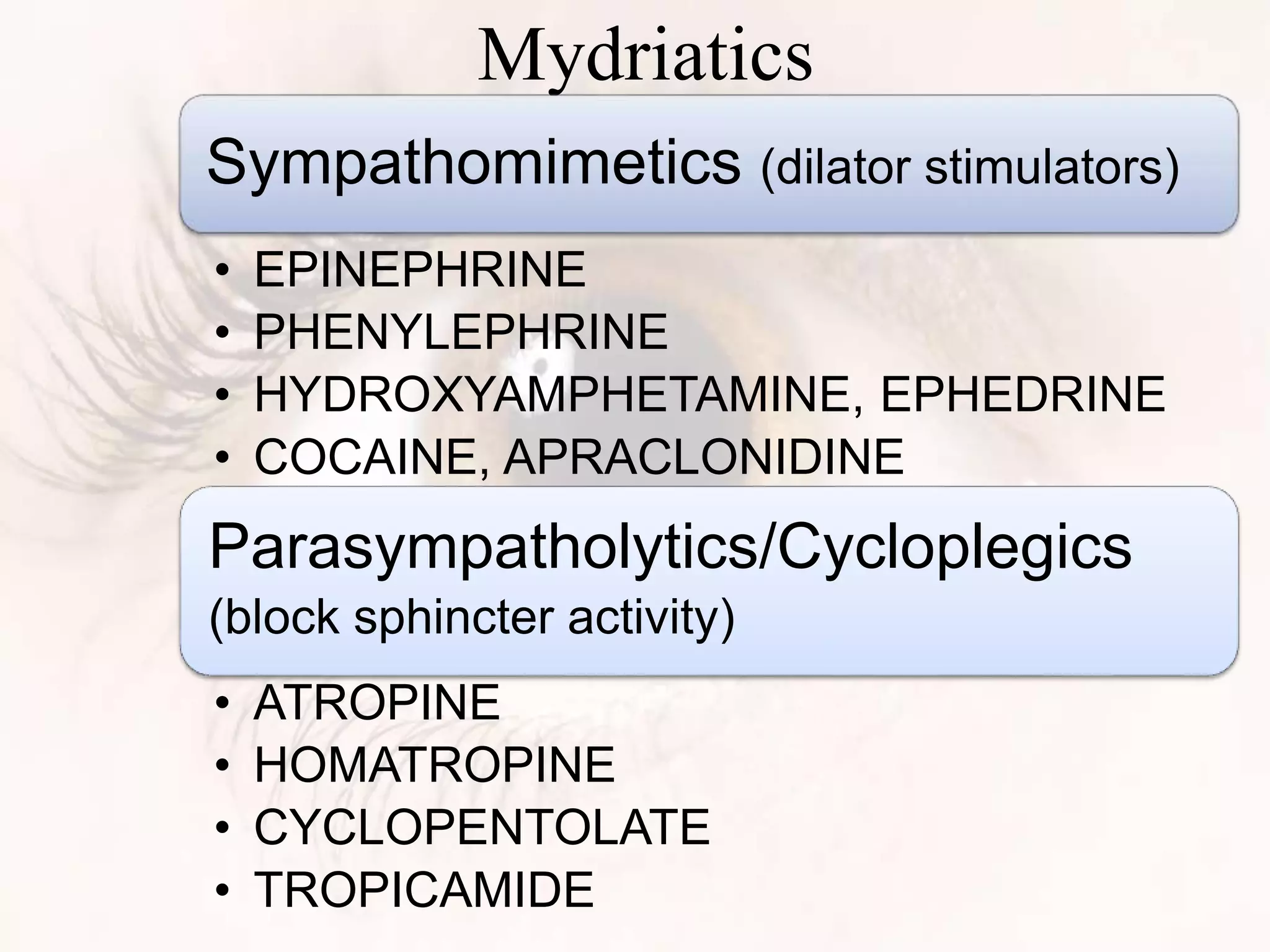 Mydriatics
Sympathomimetics (dilator stimulators)
• EPINEPHRINE
• PHENYLEPHRINE
• HYDROXYAMPHETAMINE, EPHEDRINE
• COCAINE, APRACLONIDINE
Parasympatholytics/Cycloplegics
(block sphincter activity)
• ATROPINE
• HOMATROPINE
• CYCLOPENTOLATE
• TROPICAMIDE
 