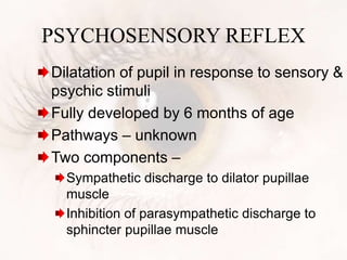 Dilatation of pupil in response to sensory &
psychic stimuli
Fully developed by 6 months of age
Pathways – unknown
Two components –
Sympathetic discharge to dilator pupillae
muscle
Inhibition of parasympathetic discharge to
sphincter pupillae muscle
PSYCHOSENSORY REFLEX
 