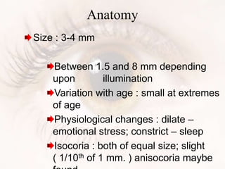 Size : 3-4 mm
Between 1.5 and 8 mm depending
upon illumination
Variation with age : small at extremes
of age
Physiological changes : dilate –
emotional stress; constrict – sleep
Isocoria : both of equal size; slight
( 1/10th of 1 mm. ) anisocoria maybe
Anatomy
 