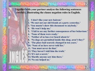Together with your partner analyse the following sentences
carefully, illustrating the clause negation rules in English.
1. „I

don‟t like your new haircut.‟
2. „We met not our old friends at a party yesterday.‟
3. „You mustn‟t show this document to anybody.‟
4. „He won‟t help me.‟
5. „I fail to see any further consequences of her behaviour.‟
6. „None of them were ready.‟
7. „Neither of us has ever heard about it.‟
8. „No dogs are permitted inside this shop, aren‟t they?‟
9. „The place had scarcely changed in ten years.‟
10. „None of us have never told lies.‟
11. „You must never do that.‟
12.„They haven‟t told him the truth.‟
13.„It‟s not a secret.‟
14.„Hardly anyone saw him there.‟
15.„No one helped us.‟

 