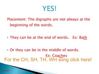 Placement: The digraphs are not always at the beginning of the words. They can be at the end of words.  Ex: Ba th Or they can be in the middle of words.  Ex: Coa ch es Israel For the CH, SH, TH, WH song click here! 