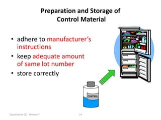 Quantitative QC - Module 7 14
Preparation and Storage of
Control Material
• adhere to manufacturer’s
instructions
• keep adequate amount
of same lot number
• store correctly
CONTROL
CONTROL
 