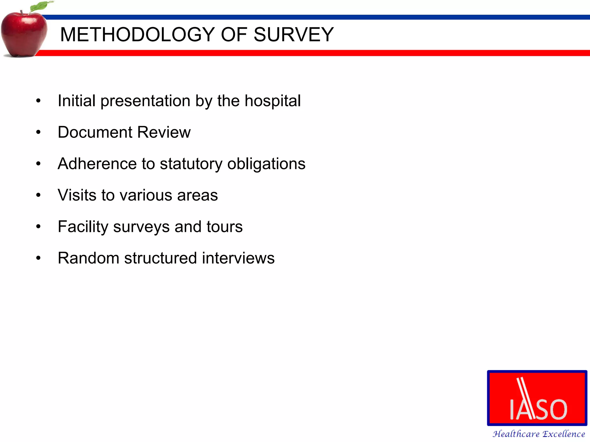 METHODOLOGY OF SURVEY Initial presentation by the hospital Document Review Adherence to statutory obligations Visits to various areas Facility surveys and tours Random structured interviews 
