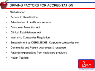 DRIVING FACTORS FOR ACCREDITATION Globalization Economic liberalization Privatization of healthcare services Consumer Protection Act Clinical Establishment Act Insurance Companies Regulation  Empanelment by CGHS, ECHS, Corporate companies etc. Community and Patient awareness & response Patient's expectations from healthcare providers Health Tourism 