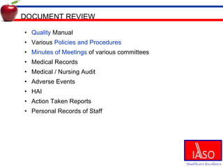 DOCUMENT REVIEW Quality  Manual Various  Policies and Procedures Minutes of Meetings  of various committees Medical Records Medical / Nursing Audit Adverse Events HAI Action Taken Reports Personal Records of Staff 