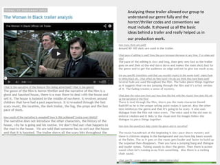 Analysing these trailer allowed our group to
understand our genre fully and the
horror/thriller codes and conventions we
must include. It showed us all the basic
ideas behind a trailer and really helped us in
our production work.
 