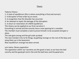 Todorov theory-
1. A state of equilibrium (this is where everything is final and normal.)
2. A disruption of that order by an event.
3. A recognition that the disorder has occurred.
4. An attempt to repair the damage of the disruption.
5. A return or restoration of a NEW equilibrium.
This theory can be applied to our final narrative 2.
Everything is normal and the sorority have a new opening for a member.
The member must complete a task to prove himself, to be accepted and gain a
place.
The task goes wrong and the girl ends up dead.
The new member tries to fix things, by getting revenge on the rest of the boys and
tying them up in the basement.
New equilibrium revenge has been served.
Levi status- Binary opposition
The opposition within our narrative are the good vs bad, so we have the bad
sorority and the good girl and in the end the bad loses and the good wins.
Theory
 