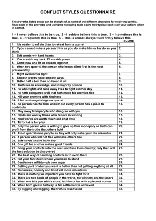 CONFLICT STYLES QUESTIONNAIRE

The proverbs listed below can be thought of as some of the different strategies for resolving conflict.
Read each of the proverbs and using the following scale score how typical each is of your actions when
in conflict.

1 – I never believe this to be true, 2 –I seldom believe this is true, 3 – I sometimes this is
true, 4 - Frequently this is true 5 – This is almost always true/I firmly believe this
                                                                                   SCORE
1. It is easier to refrain than to retreat from a quarrel                      1.
2. If you cannot make a person think as you do, make him or her do as you 2.
think
3. Soft words win hard hearts                                                  3.
4. You scratch my back, I'll scratch yours                                     4.
5. Come now and let us reason together                                         5.
6. When two quarrel, the person who keeps silent first is the most             6.
praiseworthy
7. Might overcomes right                                                       7.
8. Smooth words make smooth ways                                               8.
9. Better half a loaf than no bread at all                                     9.
10. Truth lies in knowledge, not in majority opinion                           10.
11. He who fights and runs away lives to fight another day                     11.
12. He hath conquered well that hath made his enemies flee                     12.
13. Kill your enemies with kindness                                            13.
14. A fair exchange brings no quarrel                                          14.
15. No person has the final answer but every person has a piece to             15.
contribute
16. Stay away from people who disagree with you                                16.
17. Fields are won by those who believe in winning                             17.
18. Kind words are worth much and cost little                                  18.
19. Tit for tat is fair play                                                   19.
20. Only the person who is willing to give up their monopoly on truth can      20.
profit from the truths that others hold
21. Avoid quarrelsome people as they will only make your life miserable        21.
22. A person who will not flee will make others flee                           22.
23. Soft words ensure harmony                                                  23.
24. One gift for another makes good friends                                    24.
25. Bring your conflicts into the open and face them directly; only then will 25.
the best solution be discovered
26. The best way of handling conflicts is to avoid them                        26.
27. Put your foot down where you mean to stand                                 27.
28. Gentleness will triumph over anger                                         28.
29. Getting part of what you want is better than not getting anything at all   29.
30. Frankness, honesty and trust will move mountains                           30.
31. There is nothing so important you have to fight for it                     31.
32. There are two kinds of people in the world, the winners and the losers     32.
33. When one hits you with a stone, hit him or her with a piece of cotton      33.
34. When both give in halfway, a fair settlement is achieved                   34.
35. By digging and digging, the truth is discovered                            35.
 