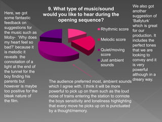 9. What type of music/sound
would you like to hear during the
opening sequence?
Rhythmic score
Melodic score
Quiet/moving
score
Just ambient
sounds
Here, we got
some fantastic
feedback on
suggestions for
the music such as
Moby- ‘Why does
my heart feel so
bad?’ because it
is melodic it
reveals the
connotation of a
light at the end of
the tunnel for the
boy finding his
parents but
however is maybe
too positive for the
bleak nature of
the film.
The audience preferred most, ambient sounds
which I agree with. I think it will be more
powerful to pick up on them such as the loud
noise of trains entering the station to connote
the boys sensitivity and loneliness highlighting
that every move he picks up on is punctuated
by a thought/memory.
We also got
another
suggestion of
‘Ballyturk’
which is great
for our
production. It
includes the
perfect tones
that we are
looking to
convey and it
is very
powerful
although in a
dreary way.
 