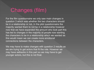 For the film questionnaire we only saw main changes in
question 3 which was whether the two characters should
be in a relationship or not. In the pilot questionnaire the
majority wanted them to not be in a relationship however
now that we have expanded the amount who took part this
has led to changes in the majority of people now wanting
the characters to be in a relationship which we wanted as
this would mean we can create more emotional
connections between the characters.
We may have to make changes with question 2 results as
we are trying to get actors that fit the role. However we
may have setbacks in this part so we may have to get
younger actors, but this is not final.
 