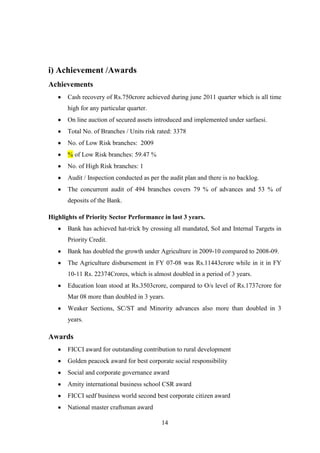14
i) Achievement /Awards
Achievements
Cash recovery of Rs.750crore achieved during june 2011 quarter which is all time
high for any particular quarter.
On line auction of secured assets introduced and implemented under sarfaesi.
Total No. of Branches / Units risk rated: 3378
No. of Low Risk branches: 2009
% of Low Risk branches: 59.47 %
No. of High Risk branches: 1
Audit / Inspection conducted as per the audit plan and there is no backlog.
The concurrent audit of 494 branches covers 79 % of advances and 53 % of
deposits of the Bank.
Highlights of Priority Sector Performance in last 3 years.
Bank has achieved hat-trick by crossing all mandated, SoI and Internal Targets in
Priority Credit.
Bank has doubled the growth under Agriculture in 2009-10 compared to 2008-09.
The Agriculture disbursement in FY 07-08 was Rs.11443crore while in it in FY
10-11 Rs. 22374Crores, which is almost doubled in a period of 3 years.
Education loan stood at Rs.3503crore, compared to O/s level of Rs.1737crore for
Mar 08 more than doubled in 3 years.
Weaker Sections, SC/ST and Minority advances also more than doubled in 3
years.
Awards
FICCI award for outstanding contribution to rural development
Golden peacock award for best corporate social responsibility
Social and corporate governance award
Amity international business school CSR award
FICCI sedf business world second best corporate citizen award
National master craftsman award
 