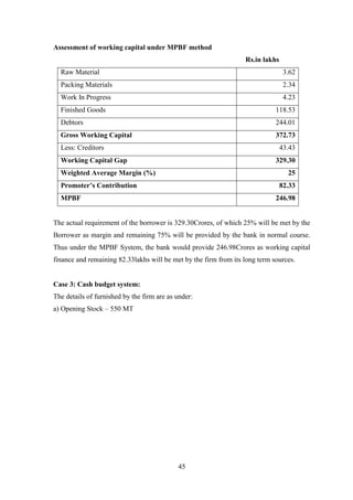 45
Assessment of working capital under MPBF method
Rs.in lakhs
Raw Material 3.62
Packing Materials 2.34
Work In Progress 4.23
Finished Goods 118.53
Debtors 244.01
Gross Working Capital 372.73
Less: Creditors 43.43
Working Capital Gap 329.30
Weighted Average Margin (%) 25
Promoter’s Contribution 82.33
MPBF 246.98
The actual requirement of the borrower is 329.30Crores, of which 25% will be met by the
Borrower as margin and remaining 75% will be provided by the bank in normal course.
Thus under the MPBF System, the bank would provide 246.98Crores as working capital
finance and remaining 82.33lakhs will be met by the firm from its long term sources.
Case 3: Cash budget system:
The details of furnished by the firm are as under:
a) Opening Stock – 550 MT
 