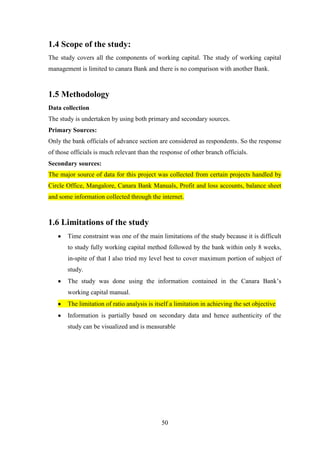 50
1.4 Scope of the study:
The study covers all the components of working capital. The study of working capital
management is limited to canara Bank and there is no comparison with another Bank.
1.5 Methodology
Data collection
The study is undertaken by using both primary and secondary sources.
Primary Sources:
Only the bank officials of advance section are considered as respondents. So the response
of those officials is much relevant than the response of other branch officials.
Secondary sources:
The major source of data for this project was collected from certain projects handled by
Circle Office, Mangalore, Canara Bank Manuals, Profit and loss accounts, balance sheet
and some information collected through the internet.
1.6 Limitations of the study
Time constraint was one of the main limitations of the study because it is difficult
to study fully working capital method followed by the bank within only 8 weeks,
in-spite of that I also tried my level best to cover maximum portion of subject of
study.
The study was done using the information contained in the Canara Bank‟s
working capital manual.
The limitation of ratio analysis is itself a limitation in achieving the set objective
Information is partially based on secondary data and hence authenticity of the
study can be visualized and is measurable
 