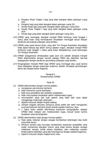 - 16 -


     d. Pengatur Muda Tingkat I bagi yang telah diangkat dalam golongan ruang
        II/b;
     e. Pengatur bagi yang telah diangkat dalam golongan ruang II/c
     f. Penata Muda bagi yang telah diangkat dalam golongan ruang III/a
     g. Penata Muda Tingkat I bagi yang telah diangkat dalam golongan ruang
        III/b
     h. Penata bagi yang telah diangkat dalam golongan ruang III/c.
(14) CPNSD yang meninggal, diangkat menjadi PNSD terhitung mulai tanggal 1
     (satu) pada bulan yang bersangkutan dinyatakan meninggal sesuai dengan
     peraturan perundang-undangan yang berlaku.
(15) CPNSD yang cacat karena dinas, yang oleh Tim Penguji Kesehatan dinyatakan
     tidak dapat bekerja lagi dalam semua jabatan negeri, diangkat menjad PNSD
     terhitung mulai tanggal 1 (satu) pada bulan ditetapkannya surat keterangan
     Tim Penguji Kesehatan.
(16) CPNSD sebagaimana dimaksudkan pada ayat (15) setelah diangkat menjadi
     PNSD diberhentikan dengan hormat sebagai PNSD dan diberikan hak-hak
     kepegawaian dengan peraturan perundang-undangan yang berlaku.
(17) Pengangkatan menjadi PNSD bagi CPNSD yang meninggal atau cacat karena
     dinas ditetapkan dengan keputusan Gubernur setelah mendapat pertimbangan
     teknis dari Kepala Kantor Regional.

                                 Paragraf 6
                             Pemberhentian CPNSD

                                   Pasal 26
(1) CPNSD diberhentikan dengan hormat apabila :
     a. mengajukan permohonan berhenti;
     b. tidak memenuhi syarat kesehatan;
     c. tidak lulus pendidikan dan pelatihan prajabatan;
     d. tidak menunjukkan kecakapan dalam melaksanakan tugas;
     e. menunjukkan sikap dan budi pekerti yang tidak baik yang dapat
        mengganggu lingkungan pekerjaan;
     f. dijatuhi hukuman disiplin tingkat sedang;
     g. menjadi anggota dan/atau pengurus partai politik dan telah mengajukan
        surat permohonan berhenti secara tertulis kepada Gubernur; atau
     h. 1 (satu) bulan setelah diterimanya keputusan pengangkatan sebagai
        CPNSD tidak melapor dan melaksanakan tugas, kecuali bukan karena
        kesalahan yang bersangkutan.
(2) CPNSD diberhentikan tidak dengan hormat apabila :
     a. Pada waktu melamar dengan sengaja memberikan keterangan atau bukti
        yang tidak benar;
     b. Dihukum penjara atau kurungan berdasarkan keputusan pengadilan yang
        sudah mempunyai kekuatan hukum yang tetap karena dengan sengaja
        melakukan sesuatu tindak pidana kejahatan, atau melakukan sesuatu
        tindak pidana kejahatan yang ada hubungannya dengan jabatan/tugasnya;
     c. Dijatuhi hukuman disiplin tingkat berat; atau
 